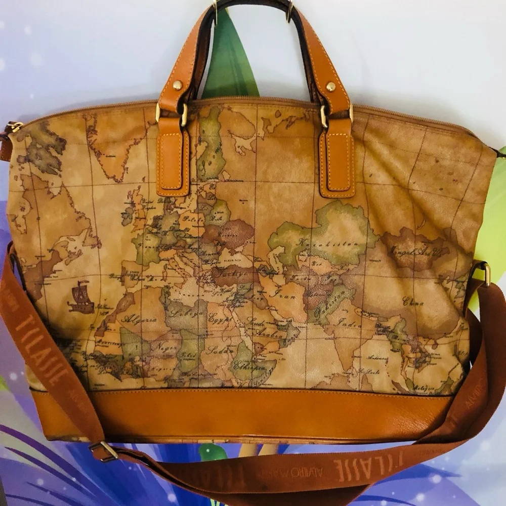 Alviero Martini Tan and Brown Map Print Travel Bag - Picture 2 of 4